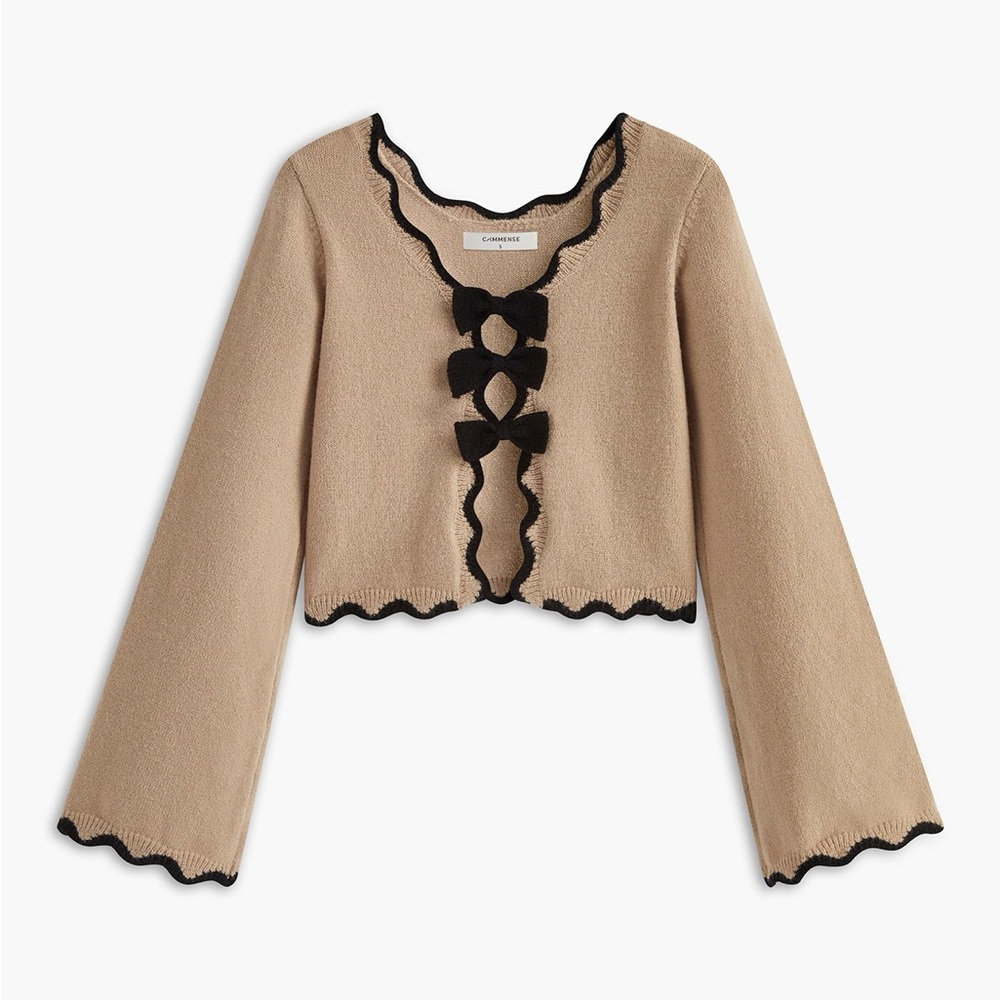 Commense Tan Cardigan with Black Trim and Bow Accents